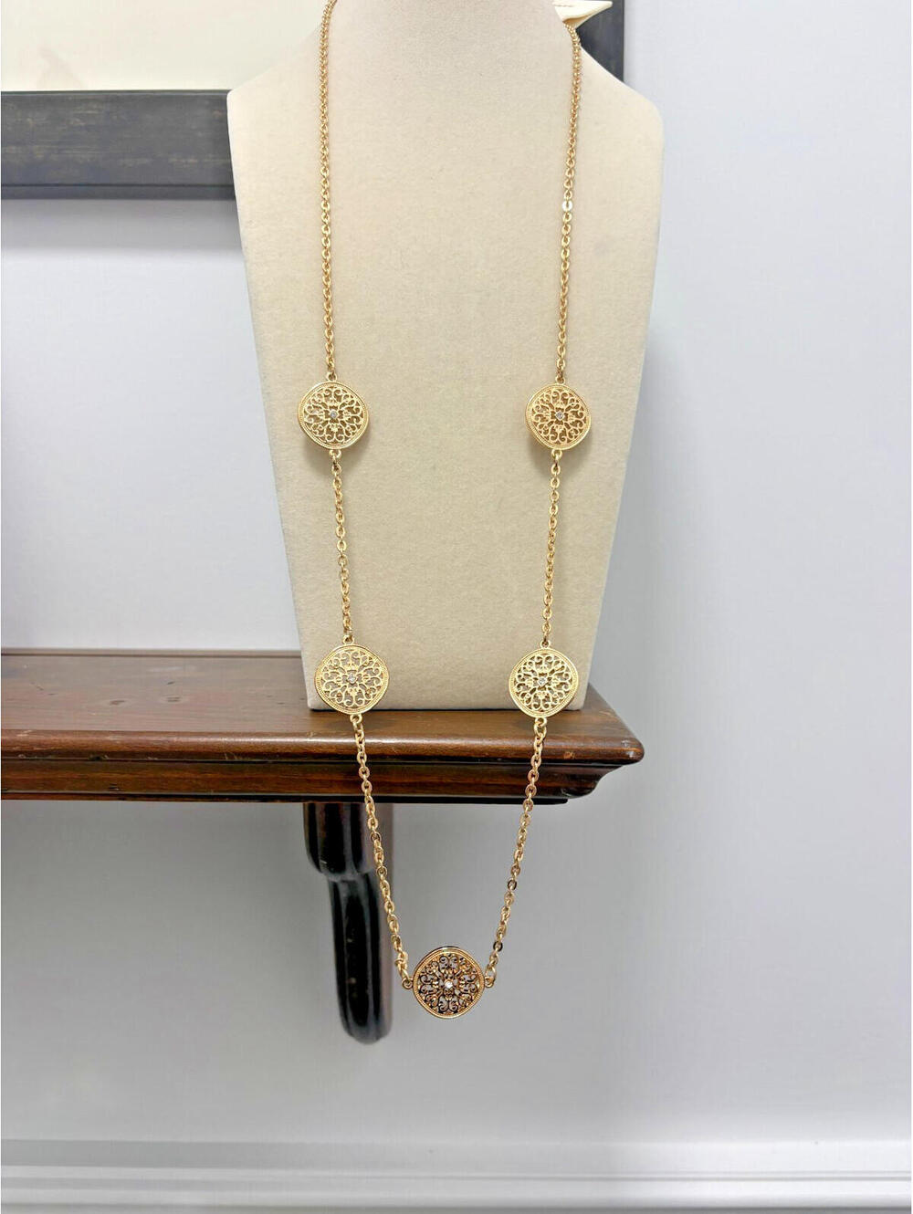 World Market Gold Tone Disk Necklace w/ Rhinestones 32" NWT